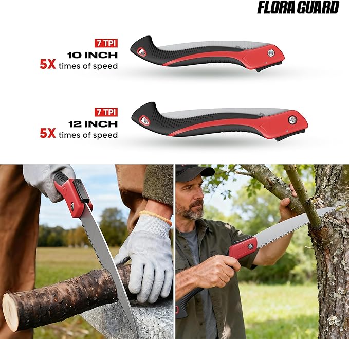 FLORA GUARD Folding Pruning Saw, 10-Inch Folding Hand Heavy Duty Saw with Multi-Level Razer Teeth for Camping, Tree Trimming, Wood Cutting, Gardening Tools (Red-10")