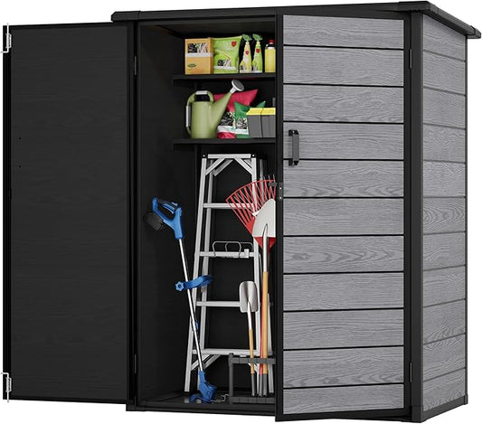 Outdoor Storage Shed, 56.8 Cu.Ft Resin Shed, 4.6 x 5.6 FT Waterproof Garden Tool Shed with Double Doors & Adjustable Shelves, Backyard Storage Cabinet for Tools, Bikes & Patio Furniture (Darkgray)