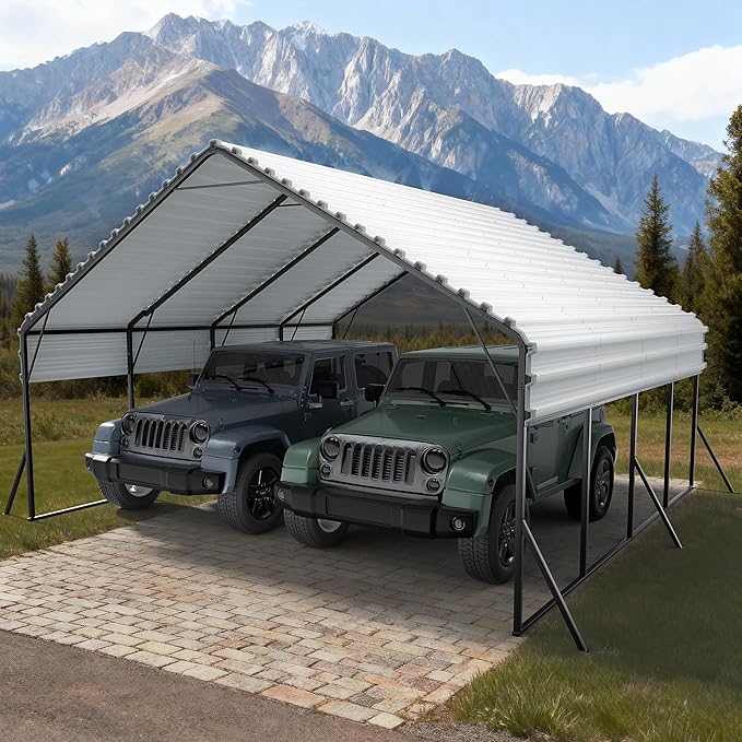 20x20 FT Metal Carport Heavy Duty Steel Roof with Reinforced Frame All-Weather Multi-Use Outdoor Car Shelter Canopy for Fulll-Sized Pickup Trucks, Boat and Tractors