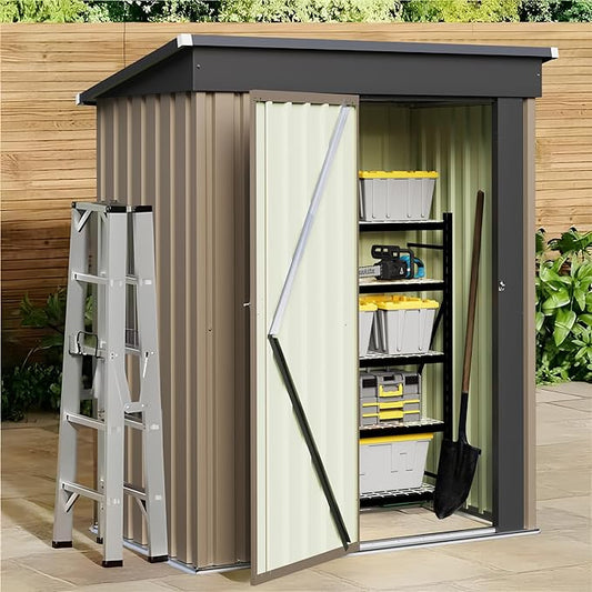 JUMMICO Metal Outdoor Storage Shed 5 x 3 FT Metal Shed with Lockable Door,Waterproof Garden Tool Shed Storage House for Backyard Patio Lawn, Brown