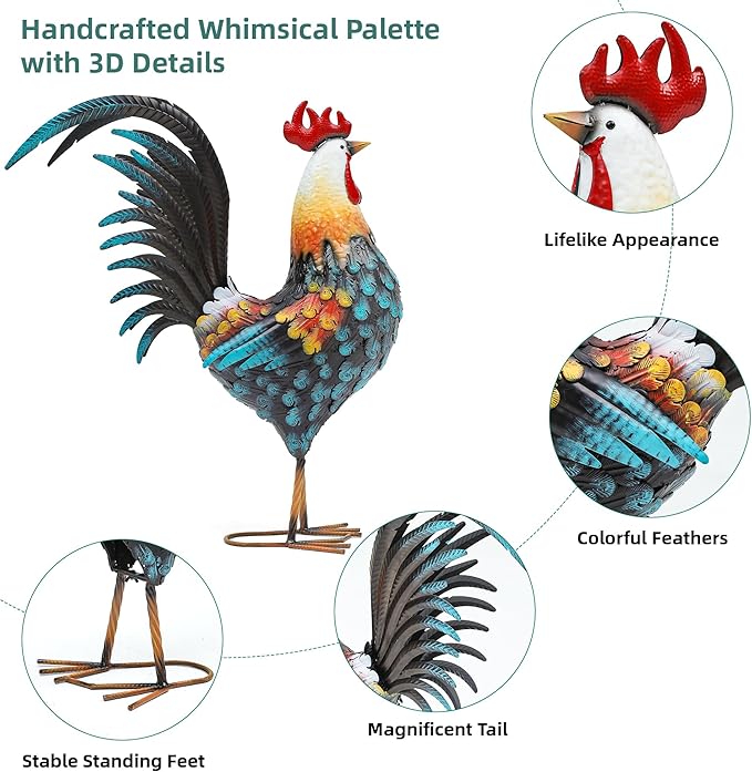 Autodaya 32" Metal Rooster Decor, Outdoor Garden Statues, Metal Chicken Sculpture for Backyard Patio Kitchen Decor