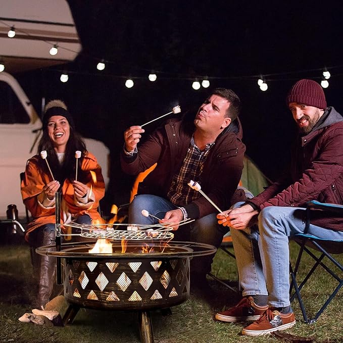 Amopatio Outdoor Fire Pit with Lid, 30 Inch Large Outdoor Wood Burning Fire Pits, Patio Backyard Firepit with Steel BBQ Grill Cooking Grate, Spark Screen & Poker for Garden, Bonfire, Camping, Picnic