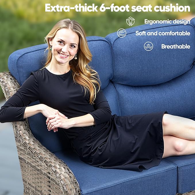 Luxury Patio Sofa 3-Seat Wicker Couch with 6" Thick Cushion - Outdoor Furniture Rattan Sofa with Deep Seating High Back Outdoor Sofa for Patio Garden Balcony Sunroom Backyard, Grey | Blue