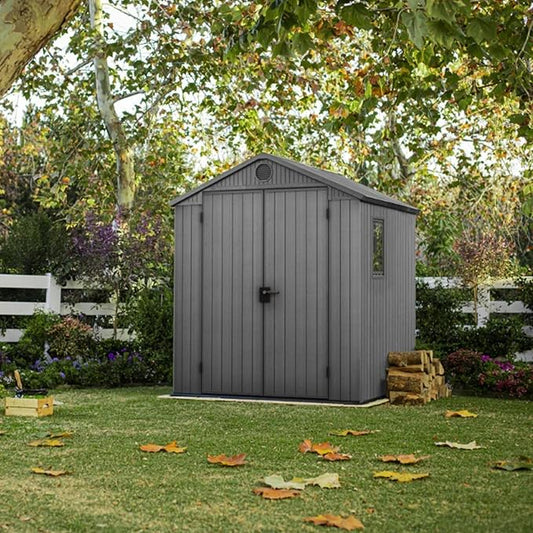 Keter Darwin 6 x 6 Foot Spacious Heavy Duty Outdoor Storage Shed for Organizing Garden Accessories and Tools with Double Doors and High Ceiling, Gray