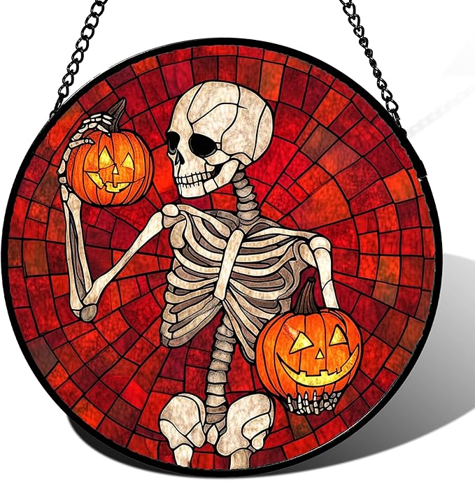 CRISGIF Stained Glass Window Hanging - Halloween Decorations Skeleton Pumpkin Suncatcher for Doors Garden Indoor Spooky Funny Sun Catchers Gothic Decor Horror Gifts for Women Men Friend 6.3 in