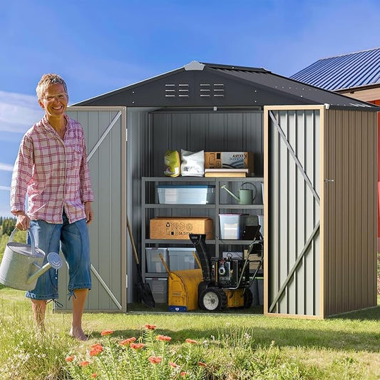 Furniwell 6x8 FT Outdoor Storage Shed, Metal Garden Sheds Outdoor Storage House with Single Lockable Door for Backyard Patio Lawn, Brown