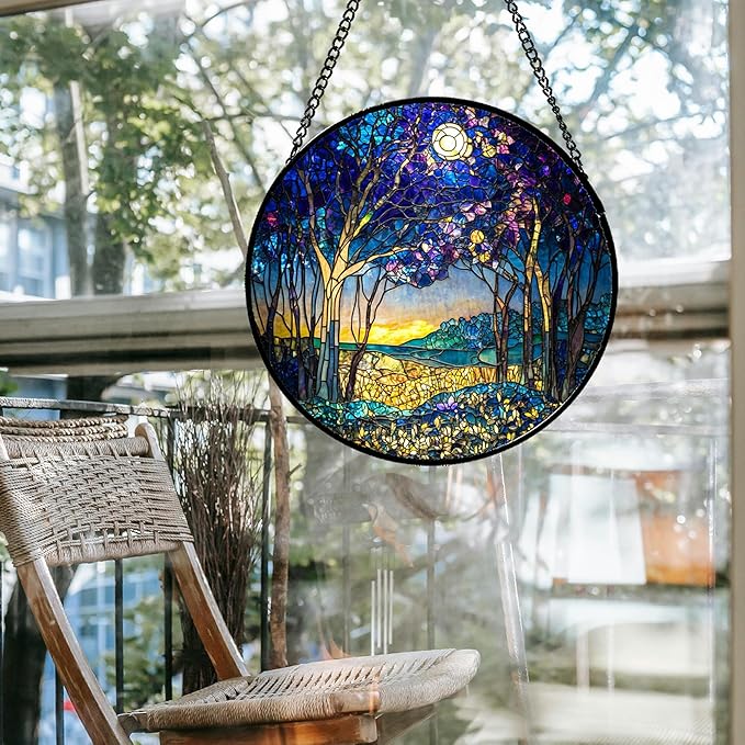 QZQCBLC Stained Glass Window Hanging Blue Purple Forest Trees Landscape Moon 6.3" - Suncatcher Door Garden Sun Catcher Home Decor Birthday Christmas for Mom Men Woman Nana