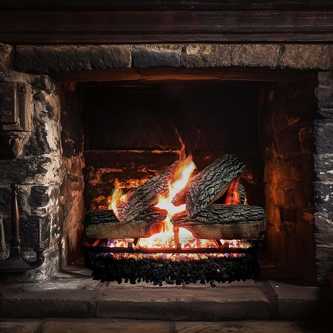 18" Premium Gas Logs - Match Light Kit Included - for Natural Gas Vented Fireplaces - Blazing Oak Design (Logs + Match Light Kit)