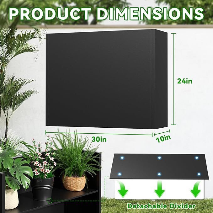 Tall Metal Planter Box, 30" L x 10" W x 24" H Large Outdoor Planters with Drainage & Adjustable Shelf, Heavy Duty Steel Rectangular Planter for Patio, Balcony, Indoor(Black)