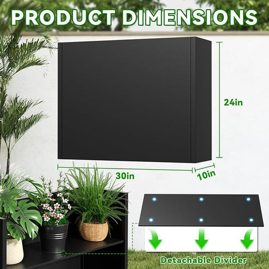 Tall Metal Planter Box, 30" L x 10" W x 24" H Large Outdoor Planters with Drainage & Adjustable Shelf, Heavy Duty Steel Rectangular Planter for Patio, Balcony, Indoor(Black)