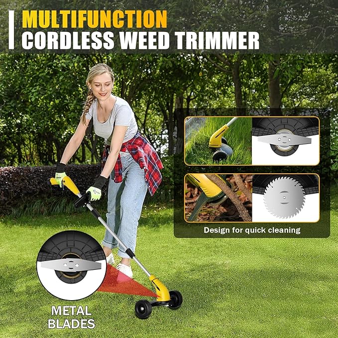 Aokia Weed Wacker Cordless for Lawn: Grass Mower with Roller - 2.0Ah Battery Powered for Hedge Clearance Yard Cutting Tree - String Trimmers for Garden Cutter Handyman Landscaper