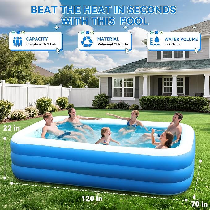Large Inflatable Pool for Kids and Adults, 120" X 70" X 22" Oversized Thickened Blow Up Pool for Kid and Adult, Durable Swimming Pool for Backyard, Outdoor, Garden, Summer Water Party