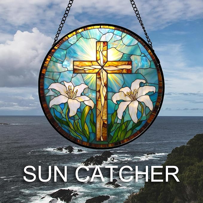DASTOLL Christian Gifts for Women - Cross Stained Glass Window Hanging Jesus Easter White Lily Flower Sun Catcher Garden Religion Decor Mother's Day Catholic Gift for Men Grandma Mom Her Nana 15"