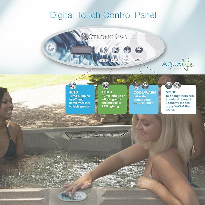 Ariana Outdoor Hot Tub, 6 Person Therapeutic Spa, 30 Jets, Underwater LED Lighting System, Insulated Spa Cover, Aqualife by Strong Spas