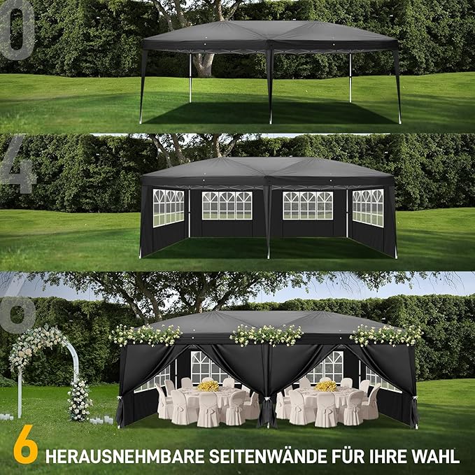 CFATLFRM 10x20 Black Pop Up Canopy Tent with 6 Removable Sidewalls, Carry Bag & 6 Sandbags & Stakes & Ropes Portable Commercial Outdoor Shelter Gazebo Tents for Parties Wedding Event Camping
