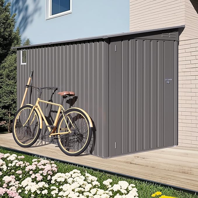4x9 FT Outdoor Storage Shed,Lean to Metal Shed W/Window,All Weather Waterproof Garden Storage Shed W/ 6 Air Vents & 1 Lockable Door,Weatherproof Tool House W/Sloped Roof,for Lawn,Gray
