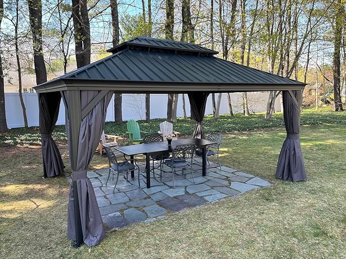 PURPLE LEAF 12' X 16' Permanent Hardtop Gazebo Aluminum Gazebo with Galvanized Steel Double Roof for Patio Lawn and Garden, Curtains and Netting Included, Grey