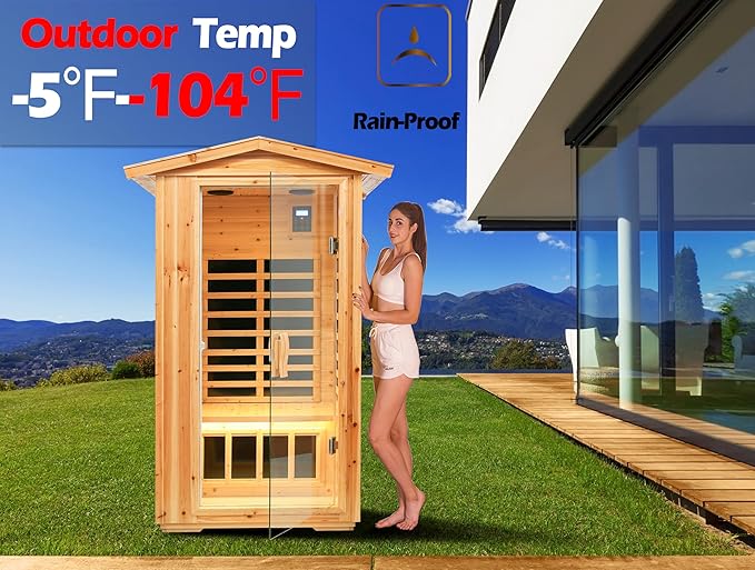 LTCCDSS Outdoor Far Infrared Sauna 1 Person, Canadian Hemlock, Withstand Outdoor Temp -10℉-149℉| Low EMF Sauna Room for Home-Chromotherapy-Bluetooth Speaker