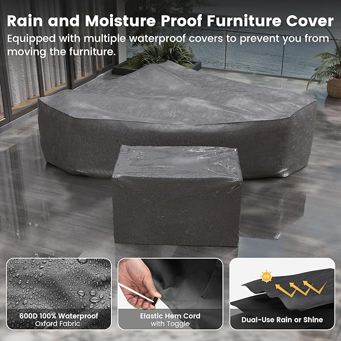 UDPATIO Patio Furniture Set with Fire Pit Table, 8 Inch Armrest Outdoor Sectional Sofa, 7 Piece Wicker Outdoor Furniture Conversation Sets with Waterproof Cover for Backyard Deck(Brown/Navy Blue)