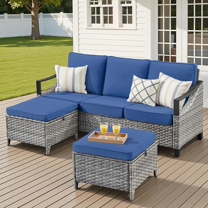 Outdoor Patio Furniture Sofa Set - 3 Pieces PE Wicker Patio Furniture Section Couch with Multifunctional Ottoman, All Weather Patio Conversation Set for Deck Balcony Garden Gray/Blue