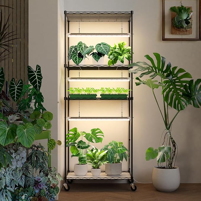 Bstrip Plant Shelf with Grow Light with Timer, Plant Stand with Adjustable Rack and Wheels, 3 Pack 72W T8 2FT Full Spectrum Grow Lights for Indoor Plants, Seed Starting, Seed Tray, 23.5"x13.8"x59"