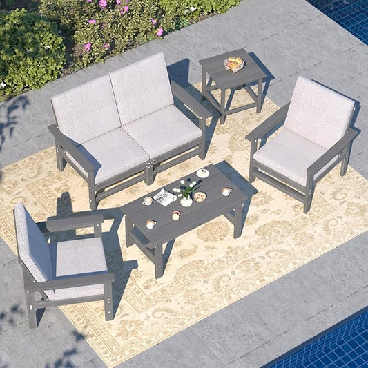 6-Piece HDPE Patio Furniture Set, All-Weather Outdoor Sectional Sofa Set w/Coffee Table+Side Table - Wood-Like Composite Conversation Couch for Deck, Lawn, Balcony - Grey Frame with Cushion