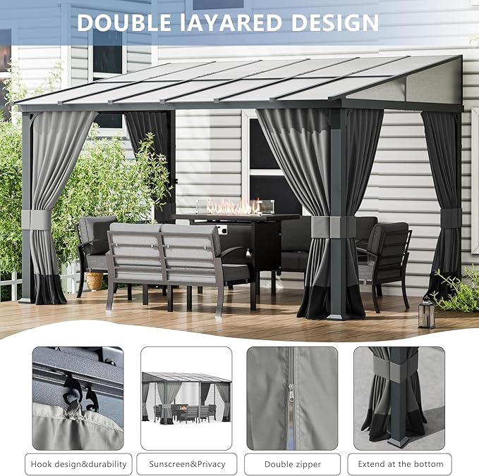 ASJMR 10x28FT Wall Mounted Gazebo Hardtop,Outdoor Wall-Mounted Patio Pergola Metal Frame Double Curtains Gazebo with Sloping Sun Panel Roof for Patio,Garden,Lawn,Pool,Backyard Deck, Gray