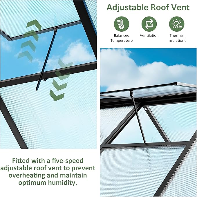 Greenhouse 6×7.5 FT, Quick Setup Polycarbonate Greenhouse for Outdoors with Roof Vent, Walk in Green Houses for Outside for Outdoor Garden Backyard, Black