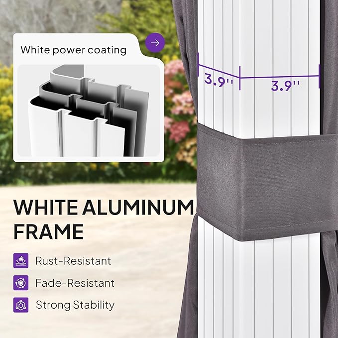 PURPLE LEAF 8' X 10' Hardtop Gazebo Metal Double Roof White Aluminum Frame Outdoor Heavy Duty Gazebo with Curtain and Netting for Patio Garden and Backyard, Grey