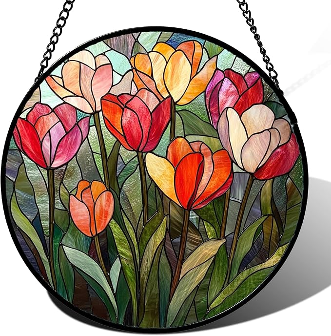 QZQCBLC Stained Glass Window Hanging Red and Pink Tulips 6.3" - Plant Suncatcher Door Garden Flower Sun Catcher Home Decor Birthday Christmas for Mom Woman Wife Friend Nana