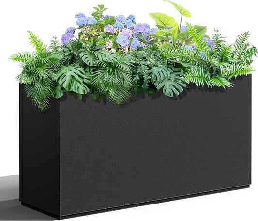 Metal Planter Box Rectangular Planter Box with Drainage Hole, Outdoor Large Planters, All-Weather Use, Rust-Resistance, for Flowers Plants, 32" L × 10" W × 16.3" H, Black