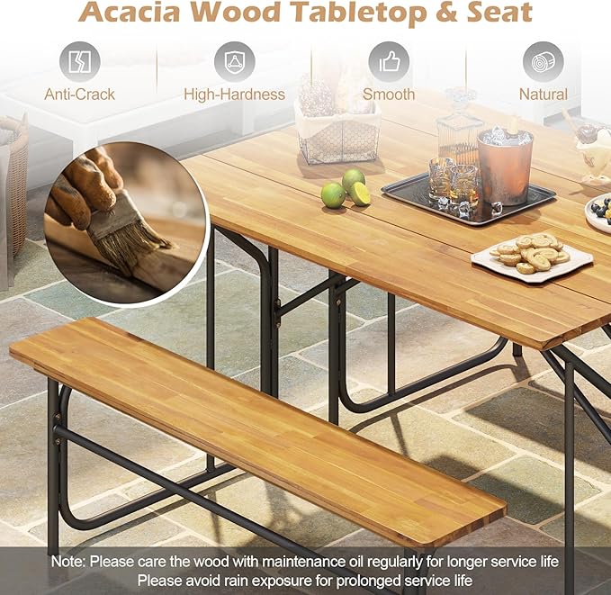 Tangkula Patio Dining Bench Set, Heavy-Duty Outdoor Acacia Wood Dining Furniture with Metal Legs for Balcony, Backyard, Poolside, Garden (2,52” x 32” x 29.5”)
