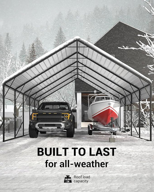 Garveelife 20'x25'x13' Metal Carport for 2 Cars, Heavy Duty Car Ports for Heavy Snow, Reinforced Frame, Tall Metal Car Ports for Bass Boats, Full-Sized Pickup Trucks, and Tractors, N.W. 980 Lbs