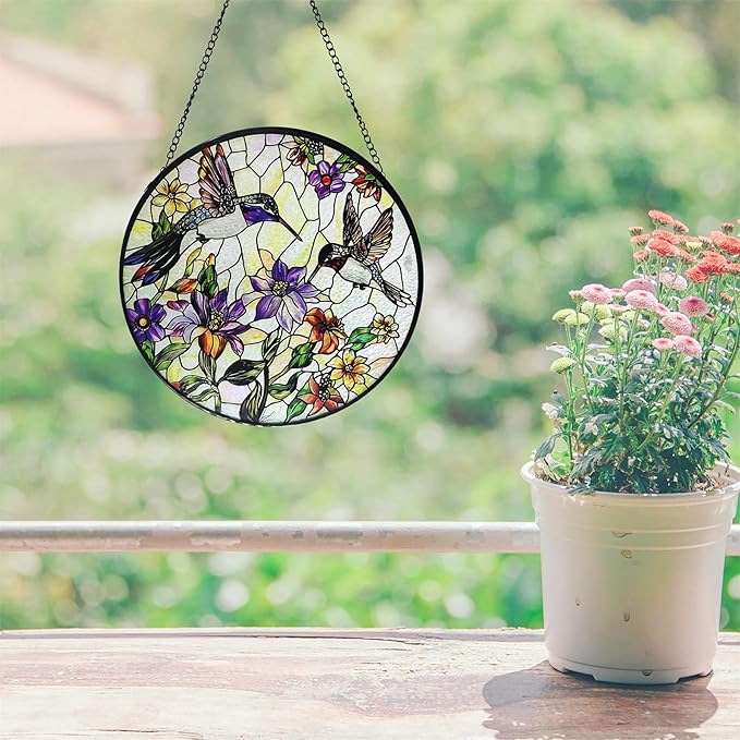 Stained Glass Sun Catcher,HummingbirdsStained Glass Window Hanging Garden Decor,Sun Catchers Indoor Window,Whimsical Decoration for Home Backyard Patio Lawn Porch with 6.3 INCH