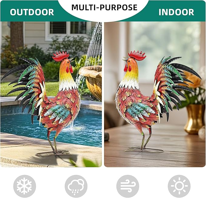 Autodaya 21" Metal Rooster Yard Decor, Outdoor Garden Statues, Metal Chicken Sculpture for Backyard Patio Kitchen Decor