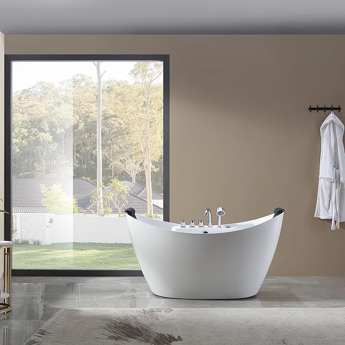 Empava 59 inch Acrylic Freestanding Tub Hydromassage Gracefully Oval Shaped Whirlpool 8 Water Jets Soaking SPA, Double-Ended Massage Bathtub with 2 Black Pillows, White