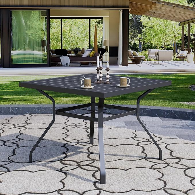 Anmutig Outdoor Dining Table with 1.57" Umbrella Hole, Picnic Table Metal Steel Square Backyard Bistro Table Outdoor Dining Table for Garden, Poolside, Backyard, Black, 37x37inch