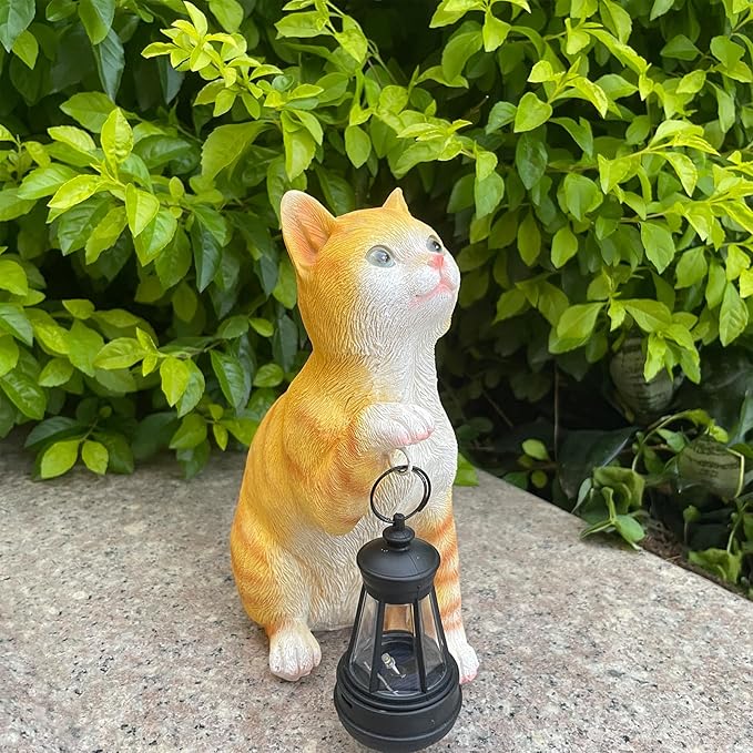 halp·ssfm Garden Decor Solar Cat Statues with Solar Lantern Outdoor Decor Lovely Tabby cat Figurine Halloween Yard Decoration Spooky Lawn and Garden Decor Holiday Party Ornament for Cat Lovers