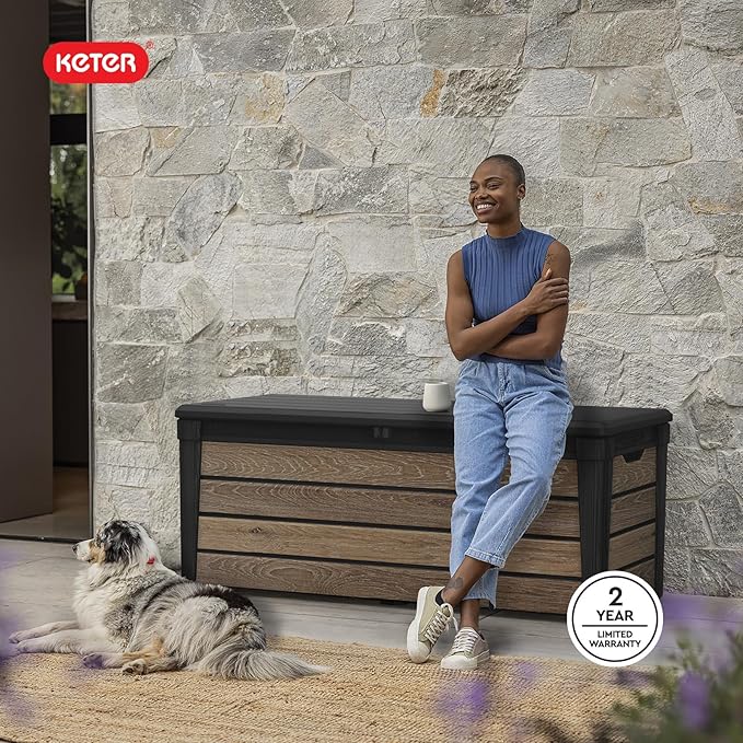Keter Signature Collection 120 Gallon Resin Deck Box Organization and Storage Box for Patio Outdoor Cushions, Throw Pillows, Garden Tools and Pool Supplies, Walnut