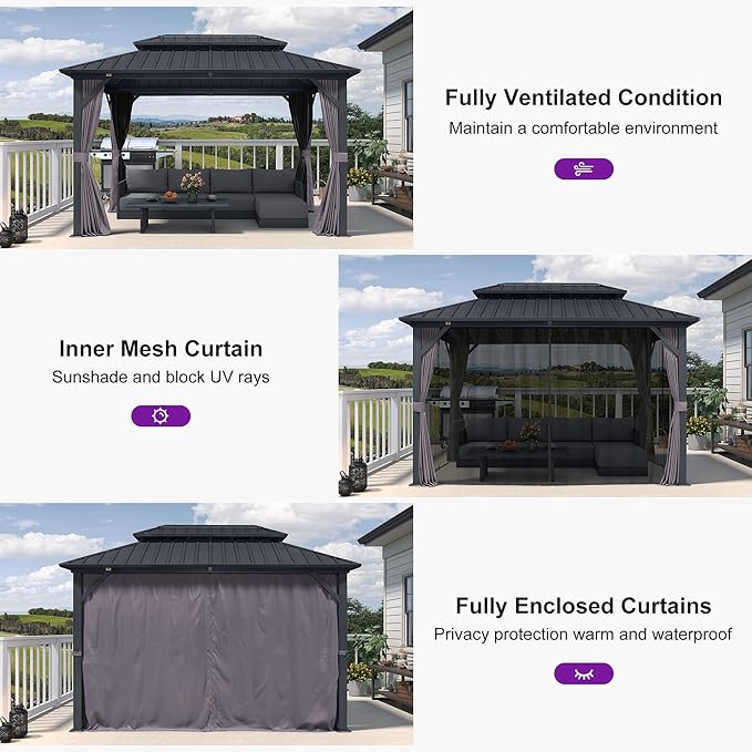 PURPLE LEAF 8' X 12' Permanent Hardtop Aluminum Gazebo with Double Galvanized Steel Roof Removable Netting Curtains and Ceiling Hooks for Patio Lawn Backyard Deck Garden Grey