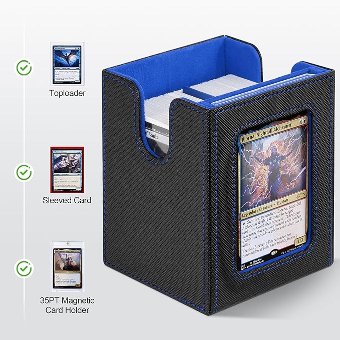 ZLCA Card Deck Box with Commander window Display, MTG Deck Box with Dice Tray Holds 200+ Double-Sleered Cards,Card Storage Case fit for YuGiOh,MTG,Sport (Black&Blue)