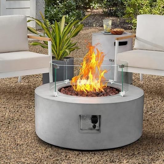 36inch Round Concrete Fire Pit Table with Propane Tank Cover & Wind Guard Shield, 3 Pieces Outdoor Gas Firepit w/Lid, Rain Cover, 50,000 BTU Modren Fire Table for Outside Patio, Backyard