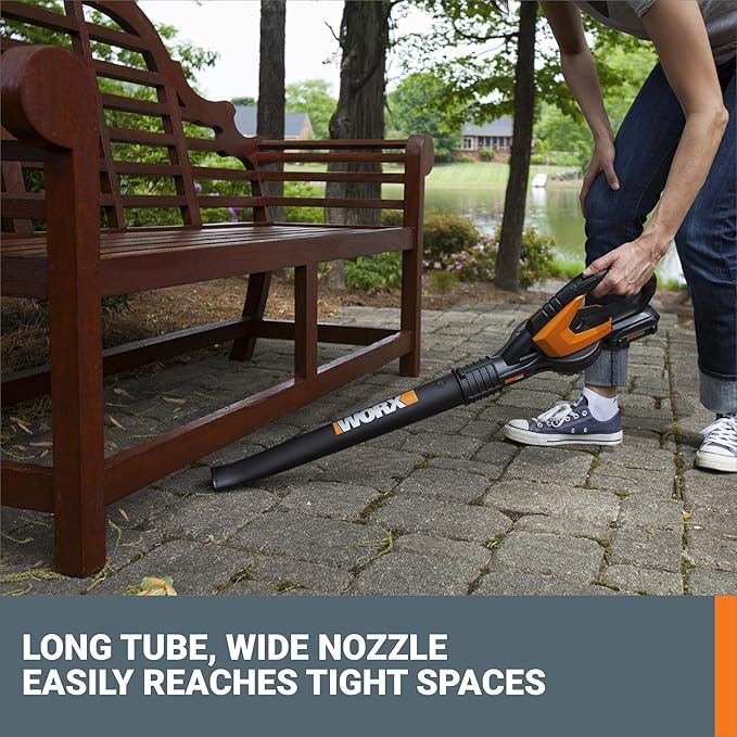 WORX Cordless Leaf Blower, Electric Blowers for Lawn Care with 120 MPH & 3.5 LBS, Long Nozzle Design for Narrow Spaces with Cleaning Attachments, Battery & Charger Included, WG545.1
