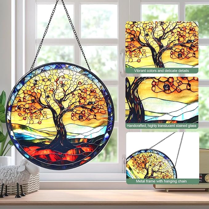 Wkyqes Tree of Life Handmade Stained Glass Window Hanging Suncatcher with Chain - 7.9" Outdoor/Indoor Art Decor for Home Garden, Wedding, Mother's, Valentine's & Christmas Ornaments Present
