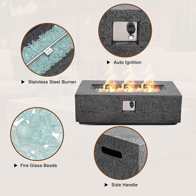 Outdoor Propane Fire Pit Table Set – Premium Slate-Like MgO Finish, 48-Inch Gas Fire Table for Patio, Garden & Backyard, Includes Rain Cover & Glass Beads