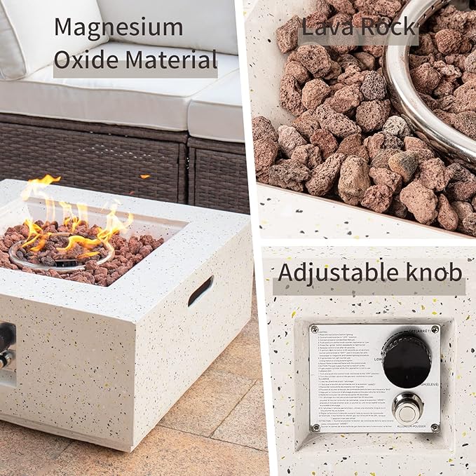 SUNBURY Outdoor 28 Inch Propane Fire Pit Table, Square Fire Table w Glass Wind Guard, 40,000 BTU Spotted White Patio Gas Fire Table Waterproof Cover, Lava Rocks