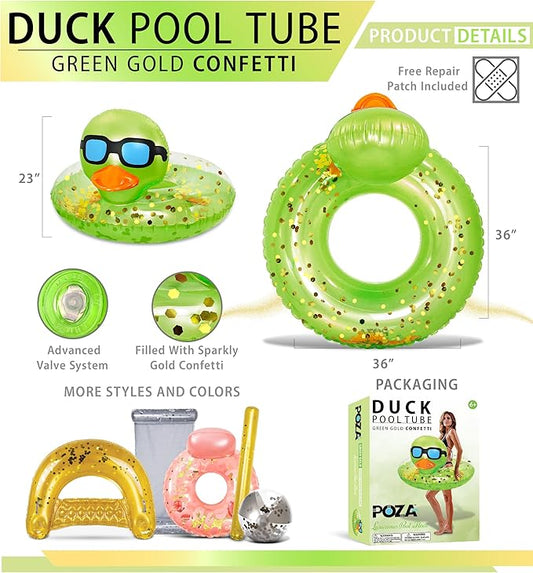 POZA Inflatable Duck Pool Float Tube- Heavy Duty Vinyl UV Resistant Confetti Pool Duck Floatie, Animal Pool Float Swim Ring Pool Inflatables for Kids and Adults for Beach, Party, Vacation