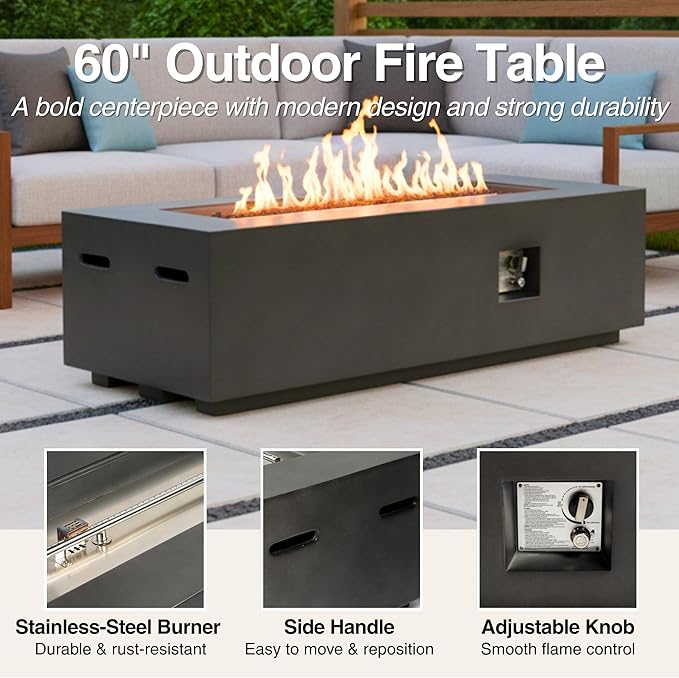 60-Inch Propane Fire Pit Table with Propane Tank Side Table,Set-2-Piece,60,000 BTU Concrete Gas Fire Pit with Free Rain Cover, Tank Seat, Lava Rocks, for Outside Patio Backyard,Dark Grey