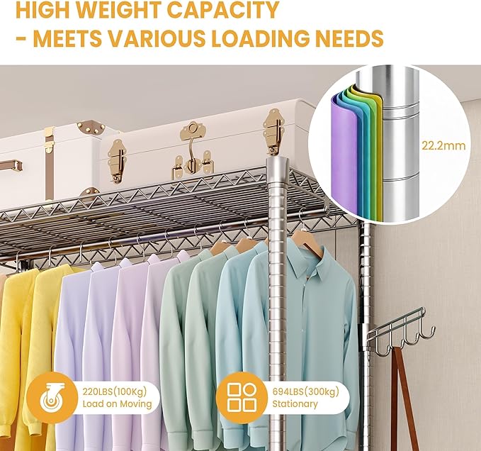 75" Clothes Rack with Wheels, 694LBS Load Heavy Duty Metal Garment Rack with 22 mm pipes, Freestanding Clothing Racks with Adjustable Storage Shelves Hanging Rod & Side Hooks for Hanging Clothes
