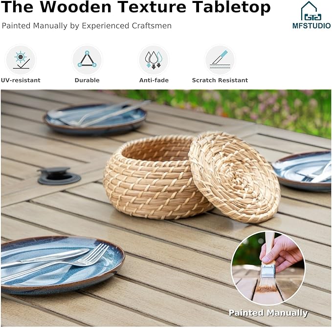 MFSTUDIO Patio Dining Set for 6, Patio Table and Chairs Set with Umbrella Hole, 7 Piece Outdoor Dining Set for Deck Backyard Garden